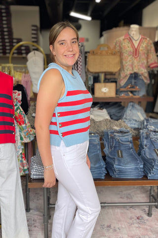 Entro light blue with red stripes knit sleeveless top functional side gold buttons T29614 side view