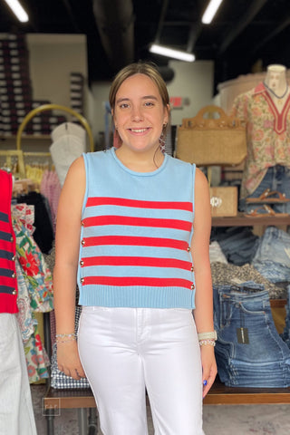 Entro light blue with red stripes knit sleeveless top functional side gold buttons T29614 front view