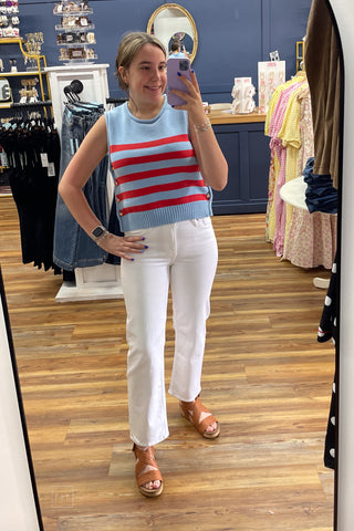 Entro light blue with red stripes knit sleeveless top functional side gold buttons T29614 mirror selfie