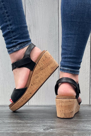 Corkys Five OClock Somewhere Wedge Cork Sandal in Black