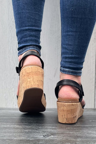 Corkys Five OClock Somewhere Wedge Cork Sandal in Black