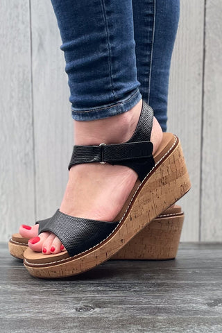 Corkys Five OClock Somewhere Wedge Cork Sandal in Black