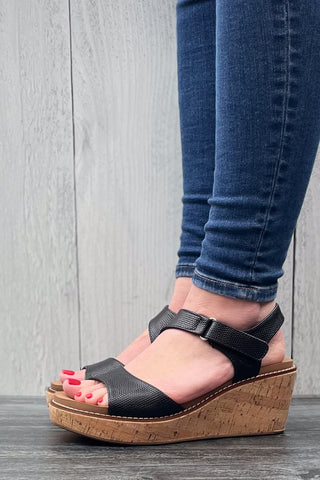 Corkys Five OClock Somewhere Wedge Cork Sandal in Black