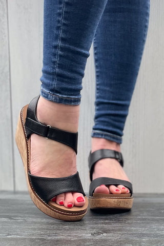 Corkys Five OClock Somewhere Wedge Cork Sandal in Black