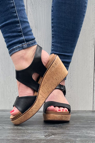 Corkys Five OClock Somewhere Wedge Cork Sandal in Black