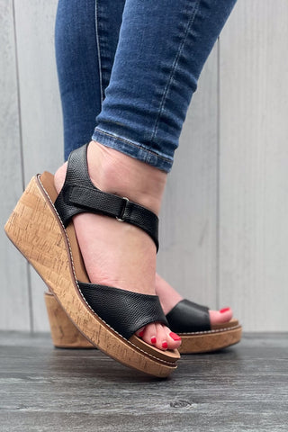 Corkys Five OClock Somewhere Wedge Cork Sandal in Black