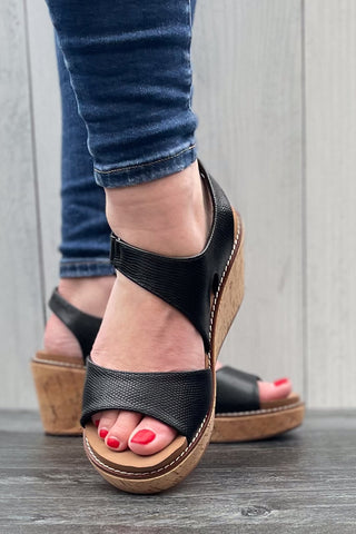 Corkys Five OClock Somewhere Wedge Cork Sandal in Black