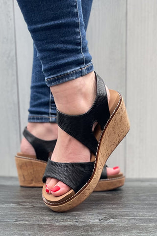 Corkys Five OClock Somewhere Wedge Cork Sandal in Black