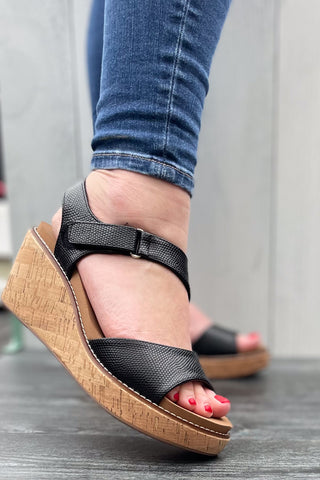 Corkys Five OClock Somewhere Wedge Cork Sandal in Black