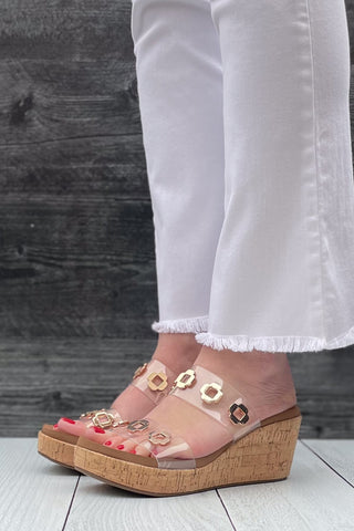 Corkys Footwear Hi Tide Wedge Sandal in Clear with Floral Gold Rivets