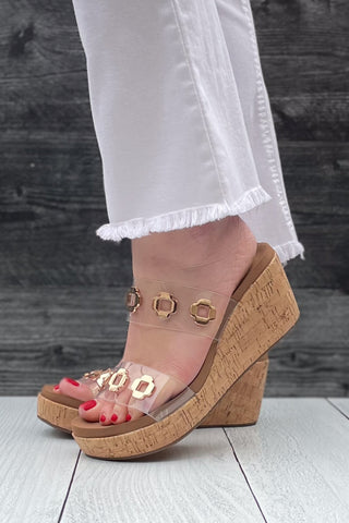 Corkys Footwear Hi Tide Wedge Sandal in Clear with Floral Gold Rivets