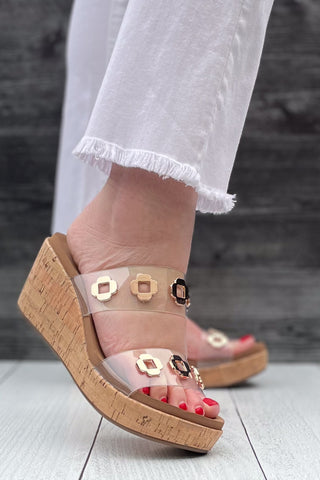 Corkys Footwear Hi Tide Wedge Sandal in Clear with Floral Gold Rivets