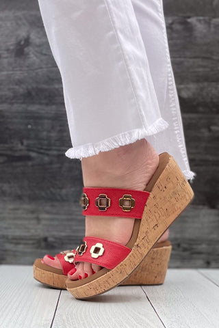 Corkys Footwear Hi Tide Wedge Sandal in Red with Gold Floral Rivets