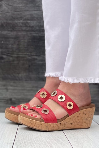 Corkys Footwear Hi Tide Wedge Sandal in Red with Gold Floral Rivets