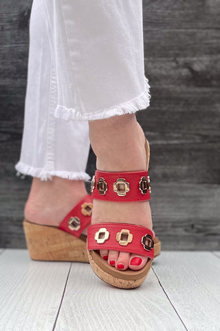 Corkys Footwear Hi Tide Wedge Sandal in Red with Gold Floral Rivets