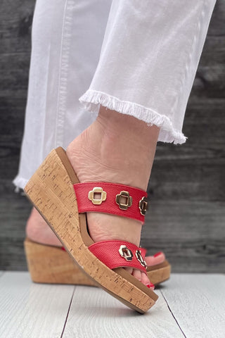 Corkys Footwear Hi Tide Wedge Sandal in Red with Gold Floral Rivets