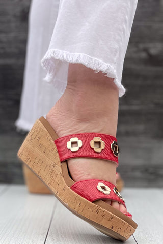 Corkys Footwear Hi Tide Wedge Sandal in Red with Gold Floral Rivets