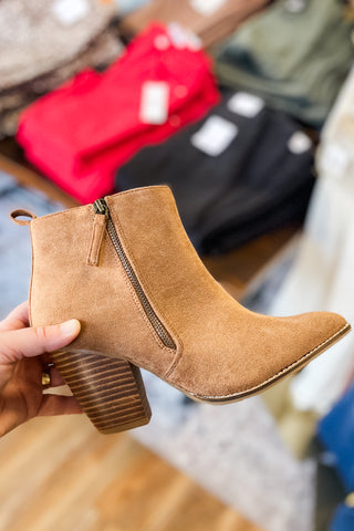 Corkys Footwear HIgh Standards Came Faux Suede Pointy Toe classy tobacco faux suede ankle boots for fall and winter