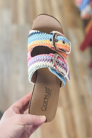 Corkys Footwear Manifest Multicolor Double Strap Wedge Slide Sandals