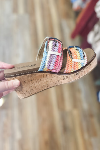 Corkys Footwear Manifest Multicolor Double Strap Wedge Slide Sandals