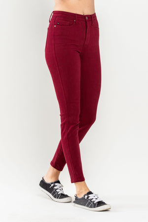 judy blue high waist tummy control garment dyed skinny jean in scarlet –  rivers & roads boutique