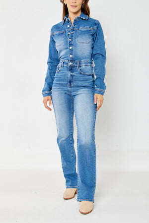 judy blue high waist long sleeve denim jumpsuit