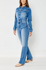 judy blue high waist long sleeve denim jumpsuit