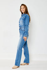 judy blue high waist long sleeve denim jumpsuit