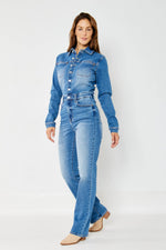 judy blue high waist long sleeve denim jumpsuit