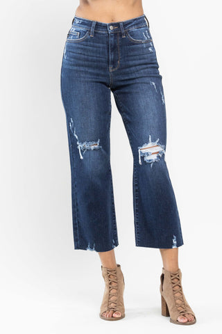 judy blue high rise destroyed knee crop wide leg jeans