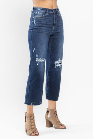 judy blue high rise destroyed knee crop wide leg jeans