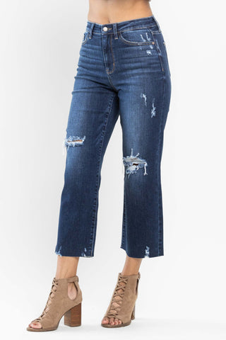 judy blue high rise destroyed knee crop wide leg jeans