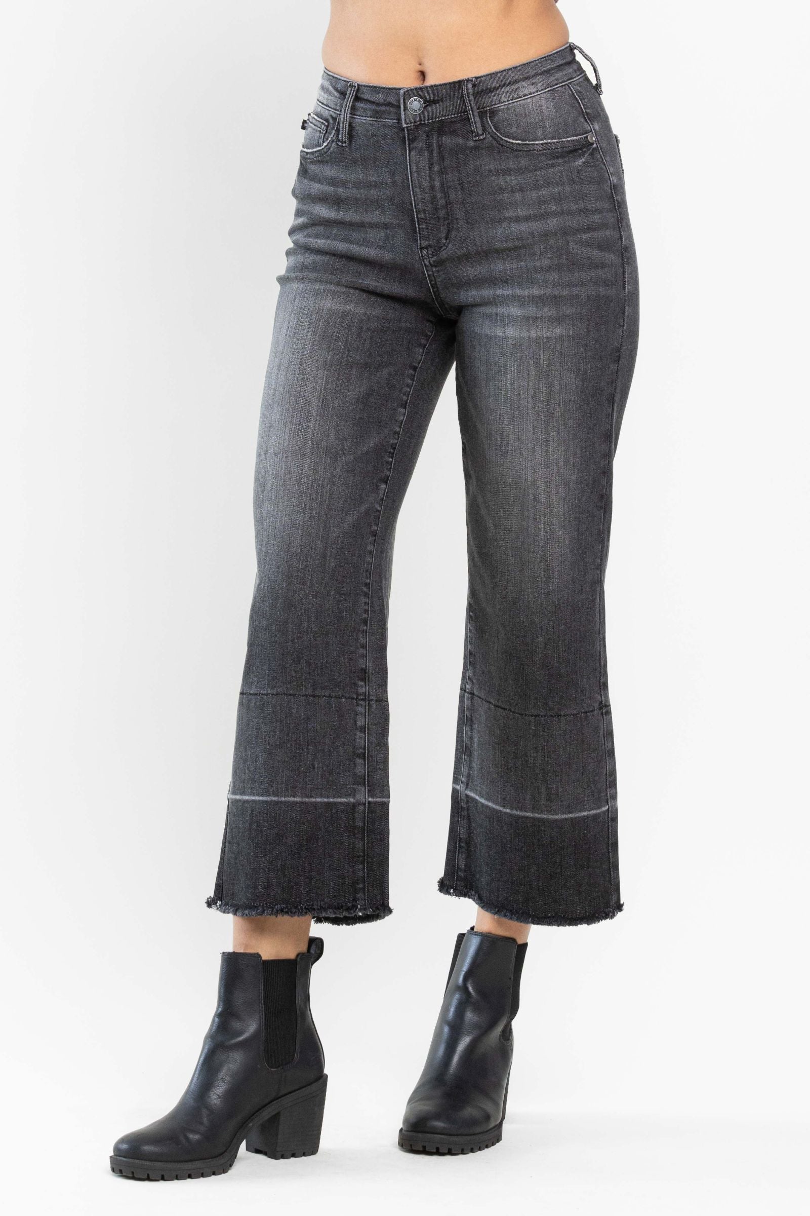 judy blue wide leg cropped gray jeans with released hem