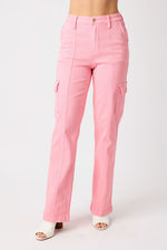 judy blue high waist garment dyed cargo straight leg jeans in bubble gum pink