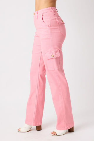 judy blue high waist garment dyed cargo straight leg jeans in bubble gum pink