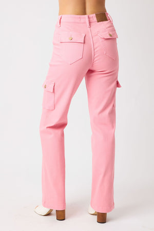 judy blue high waist garment dyed cargo straight leg jeans in bubble gum pink