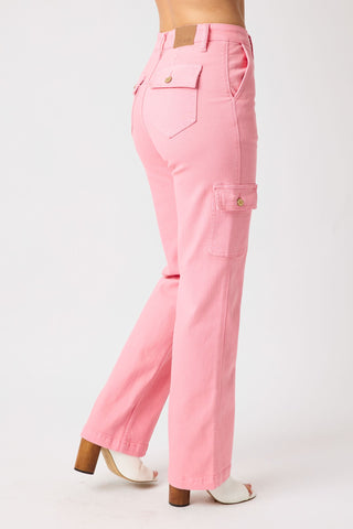 judy blue high waist garment dyed cargo straight leg jeans in bubble gum pink