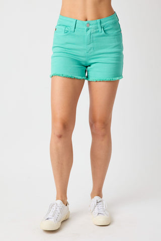 Judy Blue Qquamarine Garment Dyed Mid Rise Fray Hem Shorts