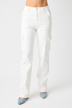 judy blue high waist cargo straight leg jeans in white