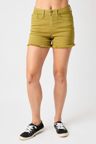 Judy Blue Matcha Green Mid Rise Fray Hem Shorts