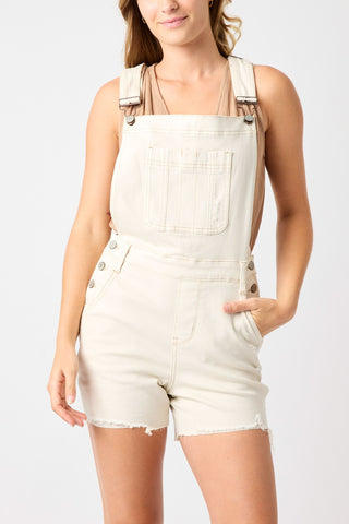 Judy Blue High Waist Garment Dyed Destroyed Overall Shorts in Ecru