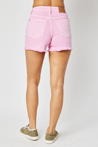 Judy Blue Mid Rise Light Pink Garment Dyed Fray Hem Cutoff Shorts