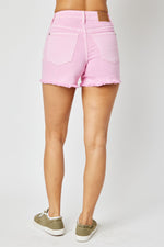 judy blue mid rise light pink garment dyed fray hem cutoff shorts
