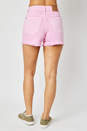 judy blue mid rise light pink garment dyed fray hem cutoff shorts