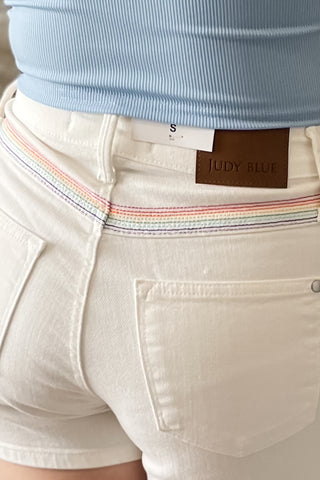 Judy Blue High Waist White Denim Shorts with Rainbow Yoke Stitching JB150239REG WHT