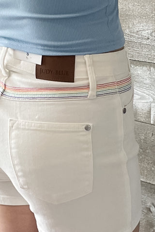 Judy Blue High Waist White Denim Shorts with Rainbow Yoke Stitching JB150239REG WHT