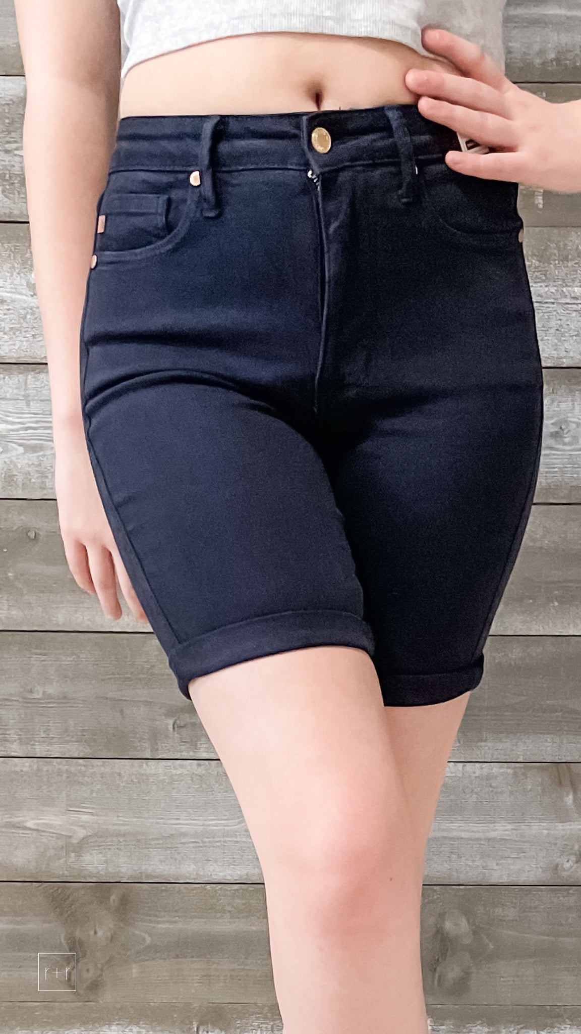 judy blue navy garment dyed high waist tummy control bermuda shorts –  rivers & roads boutique