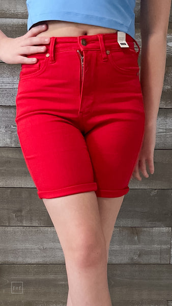 judy blue red garment dyed high waist tummy control bermuda shorts – rivers  & roads boutique