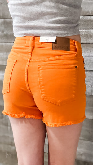 judy blue mid rise orange garment dyed fray hem shorts JB150288REG OR