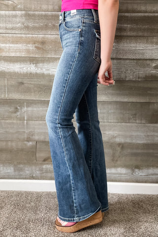 Judy Blue Denim High Waist Tinted Flare Jeans with Flap Back Pockets and Double Buttons JB82630REG MD